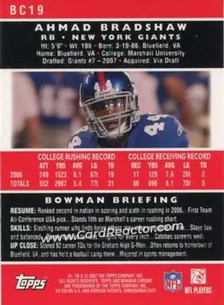 2007 Bowman Chrome #BC19 - Ahmad Bradshaw - New York Giants - Back