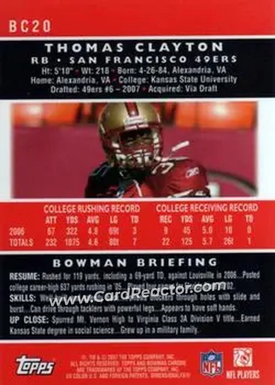2007 Bowman Chrome #BC20 - Thomas Clayton - San Francisco 49ers - Back
