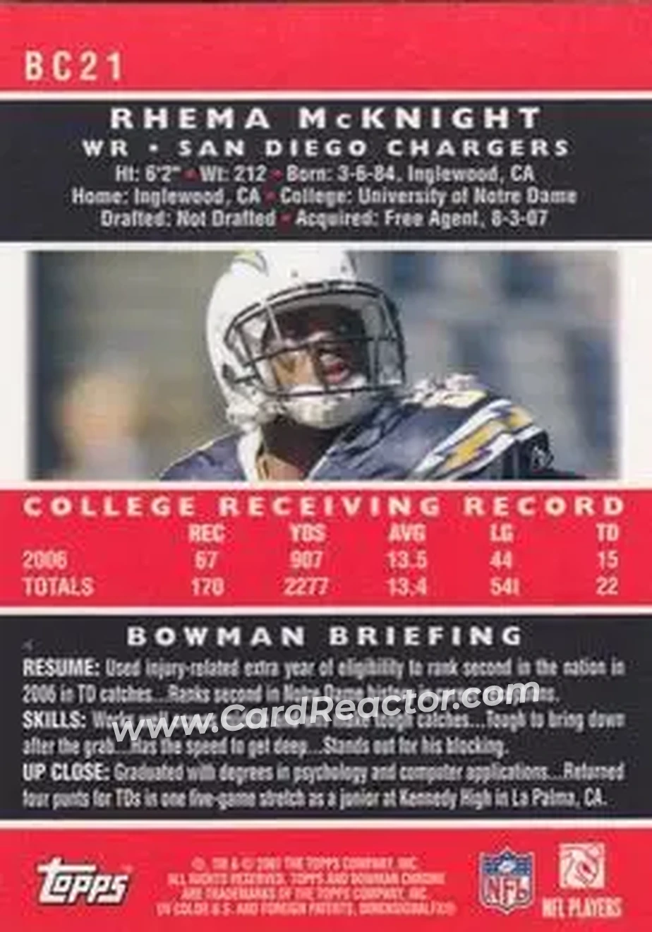 2007 Bowman Chrome #BC21 - Rhema McKnight - San Diego Chargers - Back