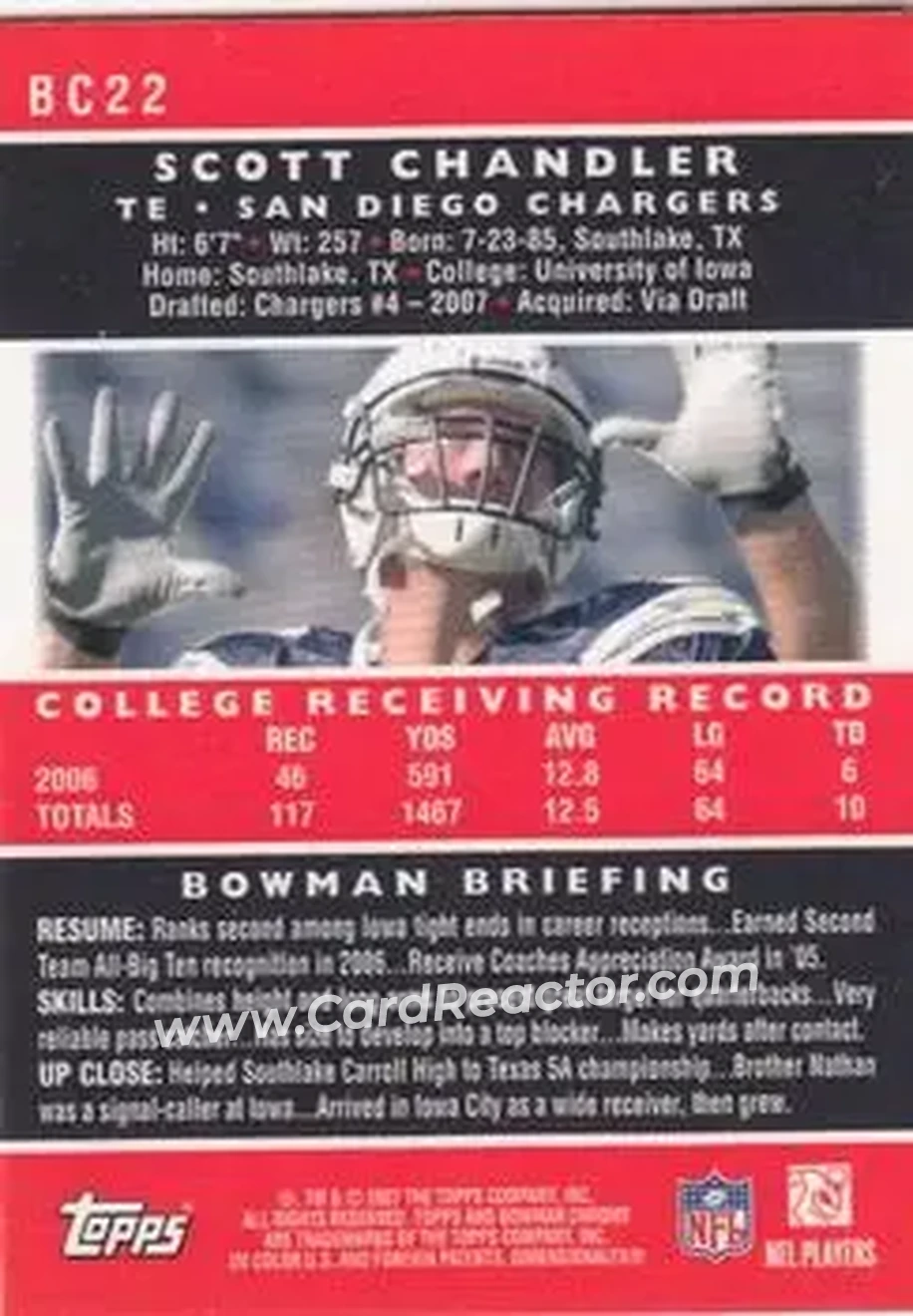 2007 Bowman Chrome #BC22 - Scott Chandler - San Diego Chargers - Back