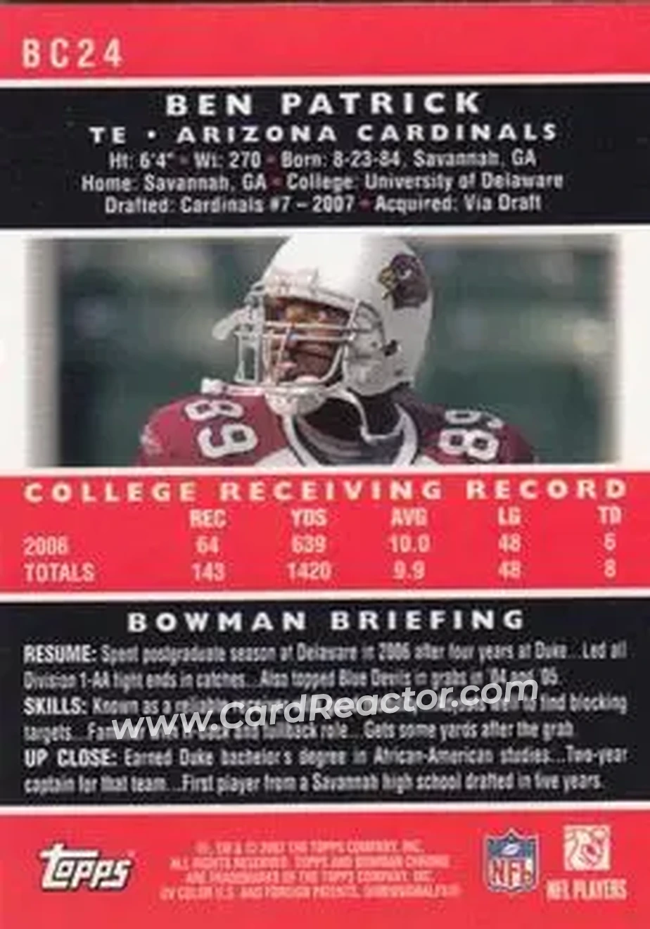 2007 Bowman Chrome #BC24 - Ben Patrick - Arizona Cardinals - Back