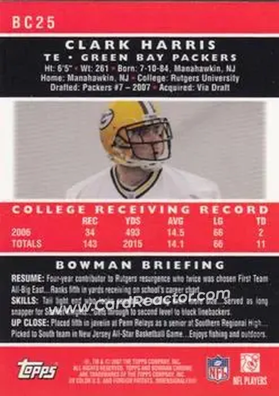 2007 Bowman Chrome #BC25 - Clark Harris - Green Bay Packers - Back
