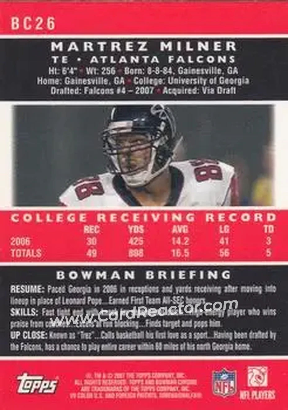2007 Bowman Chrome #BC26 - Martrez Milner - Atlanta Falcons - Back
