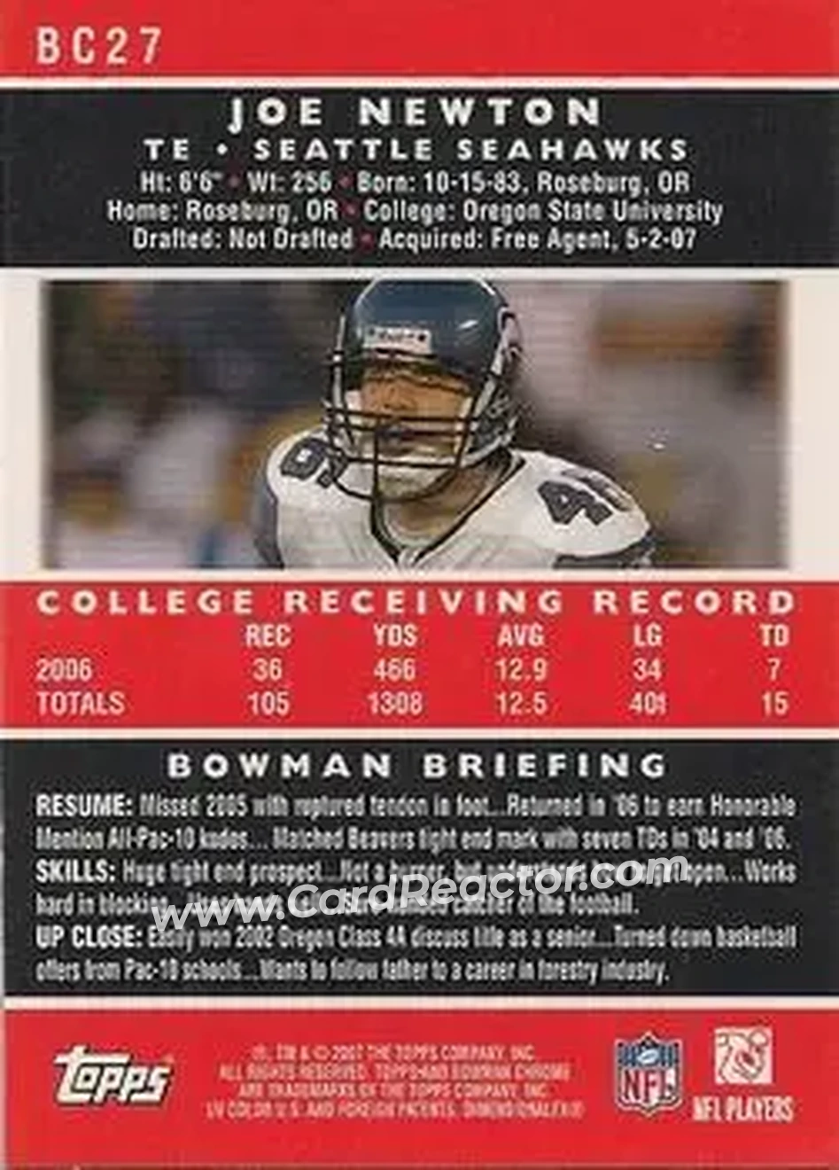 2007 Bowman Chrome #BC27 - Joe Newton - Seattle Seahawks - Back