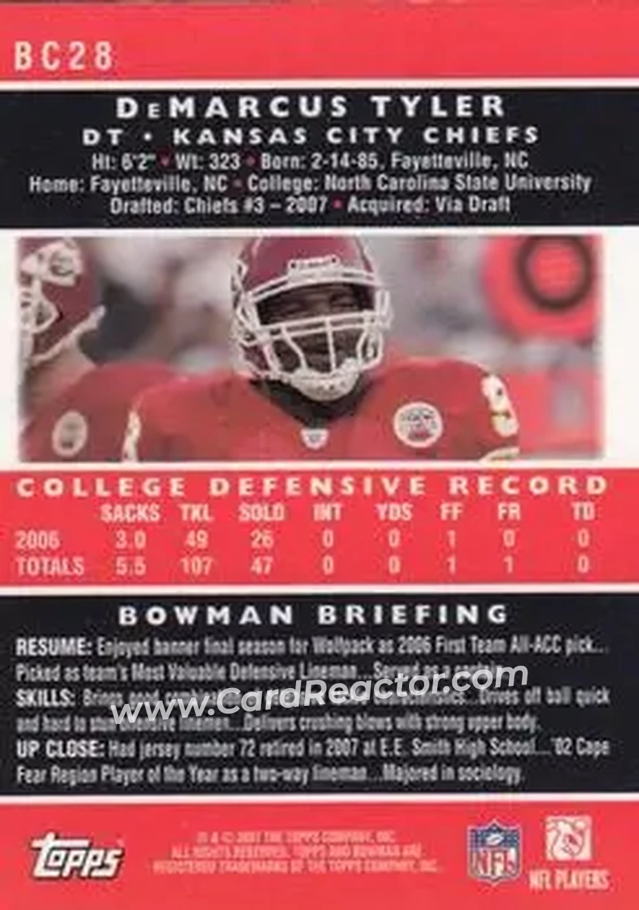 2007 Bowman Chrome #BC28 - Tank Tyler - Kansas City Chiefs - Back