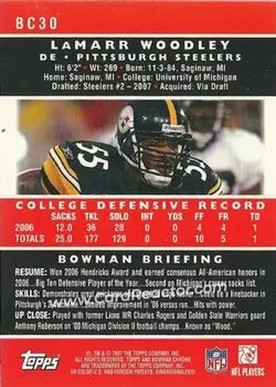 2007 Bowman Chrome #BC30 - LaMarr Woodley - Pittsburgh Steelers - Back