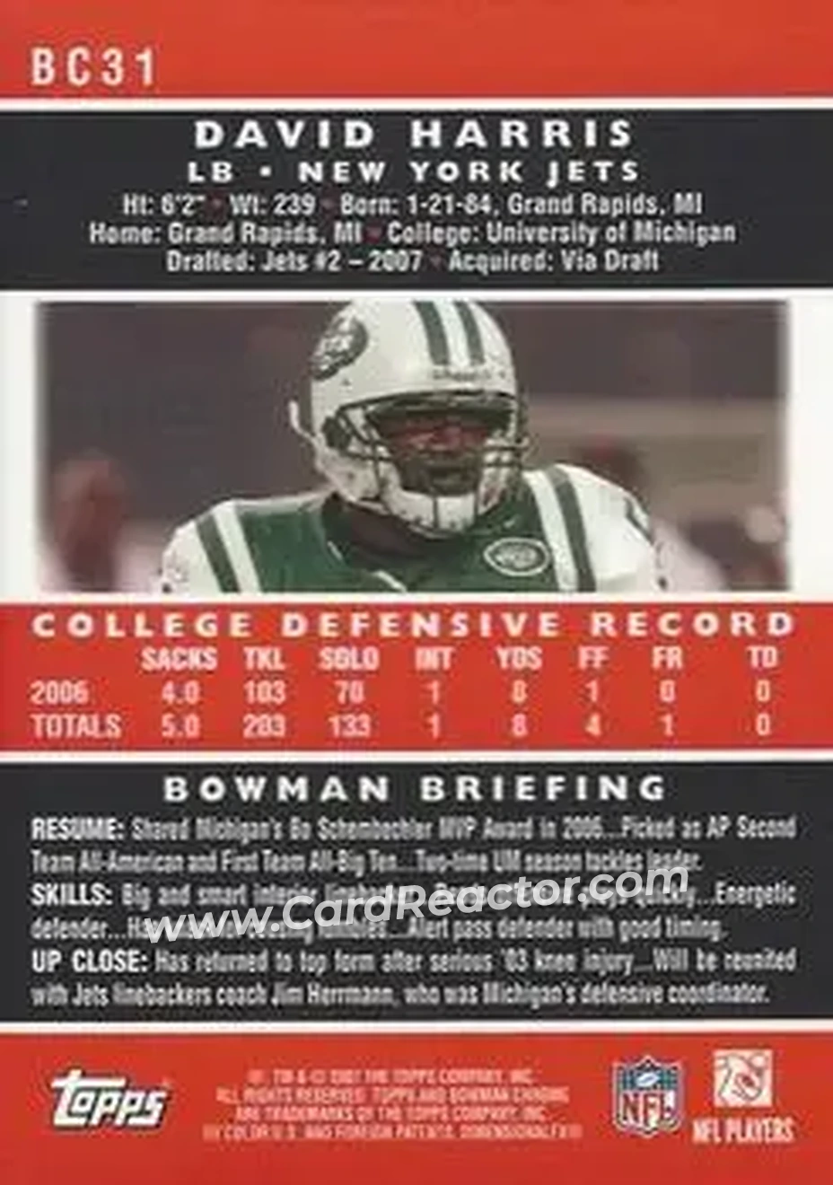 2007 Bowman Chrome #BC31 - David Harris - New York Jets - Back