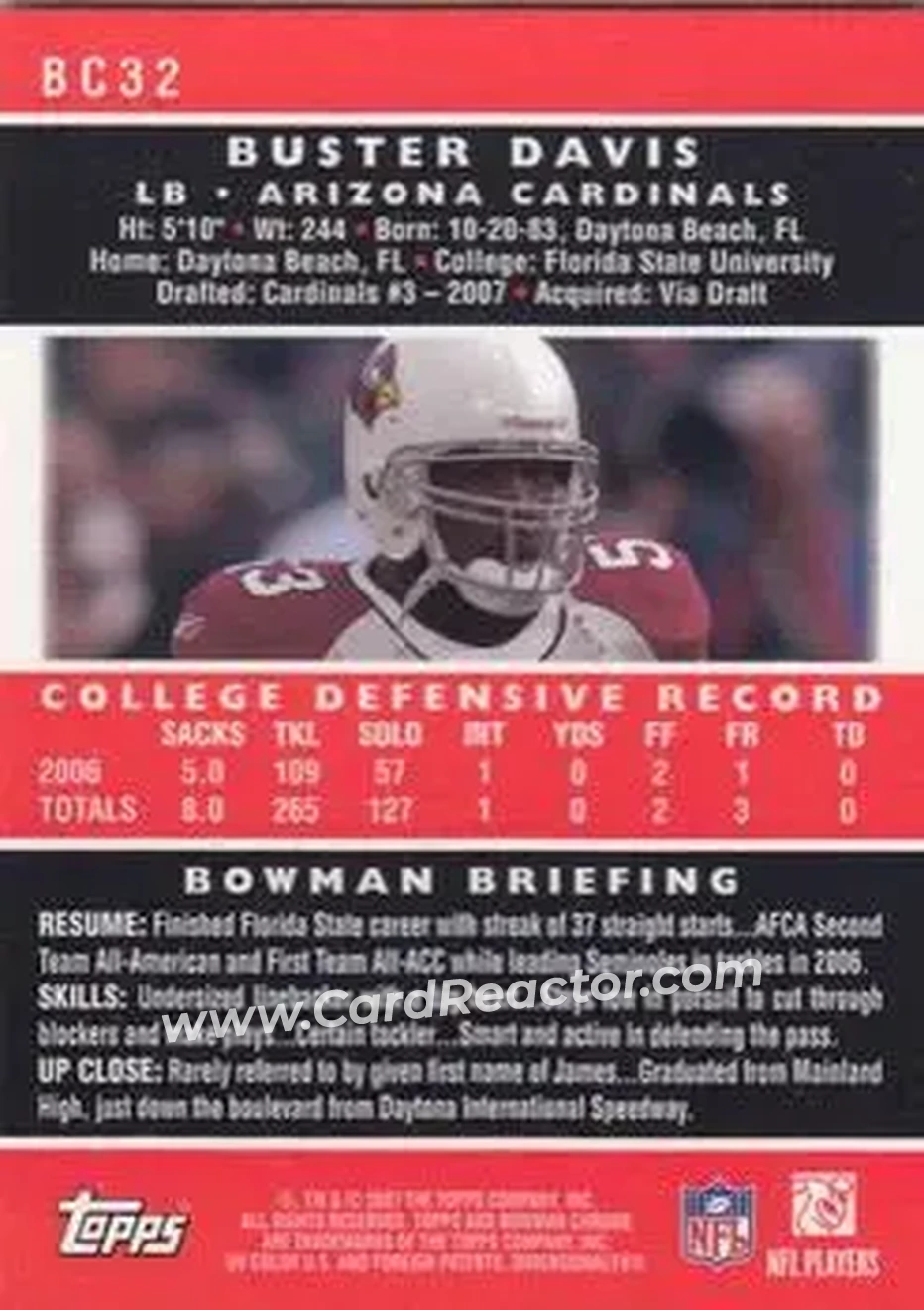 2007 Bowman Chrome #BC32 - Buster Davis - Arizona Cardinals - Back