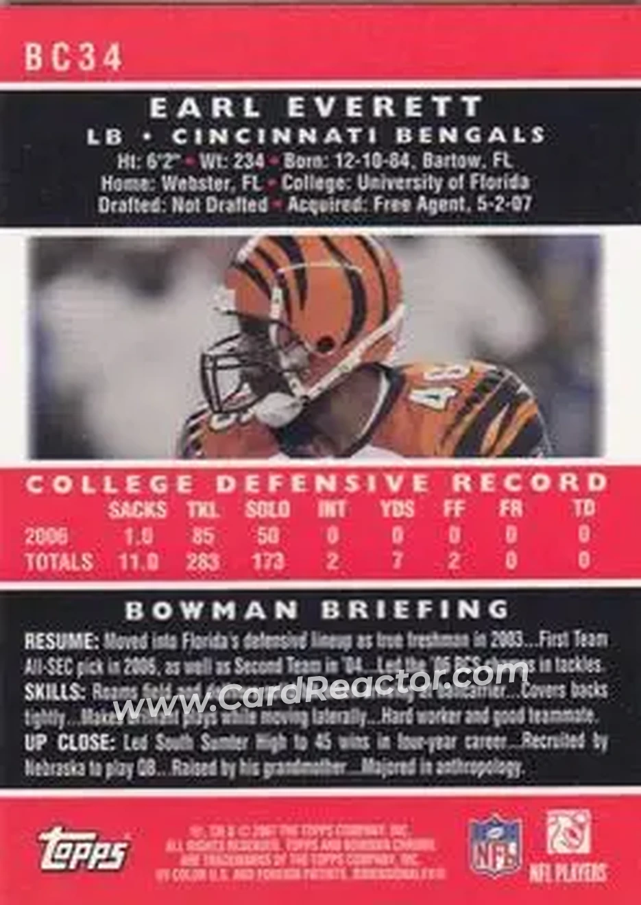 2007 Bowman Chrome #BC34 - Earl Everett - Cincinnati Bengals - Back