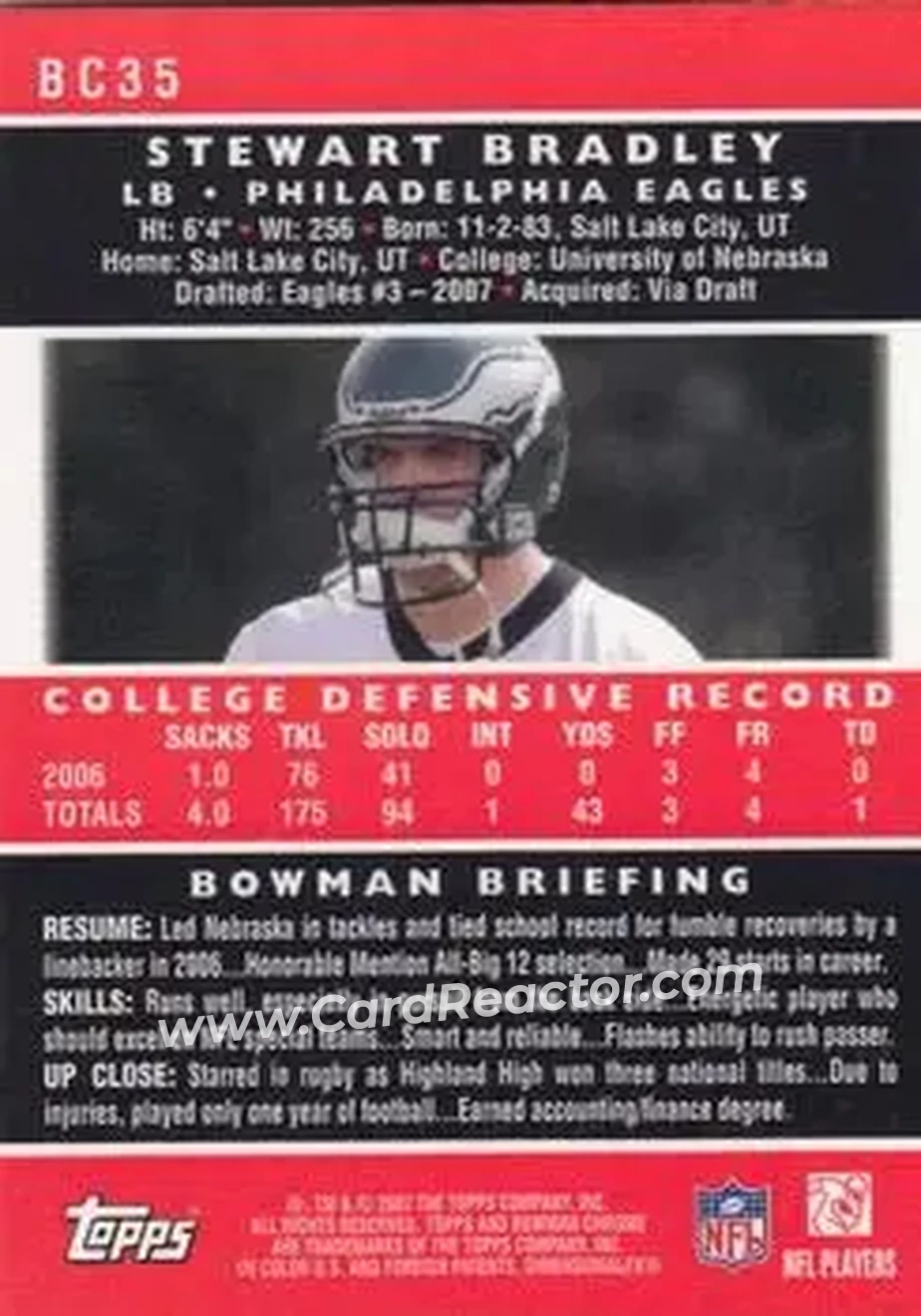 2007 Bowman Chrome #BC35 - Stewart Bradley - Philadelphia Eagles - Back