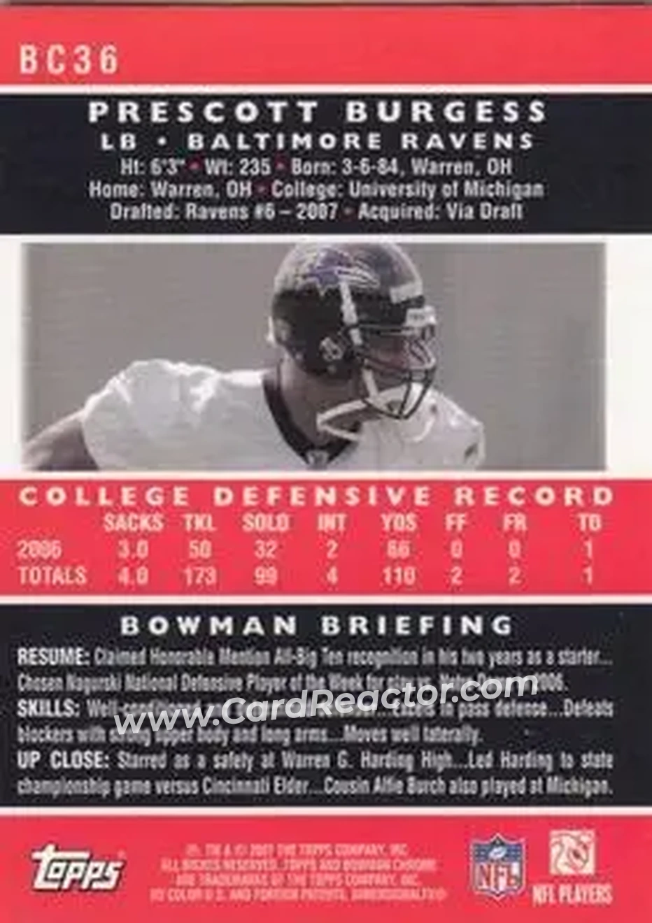 2007 Bowman Chrome #BC36 - Prescott Burgess - Baltimore Ravens - Back