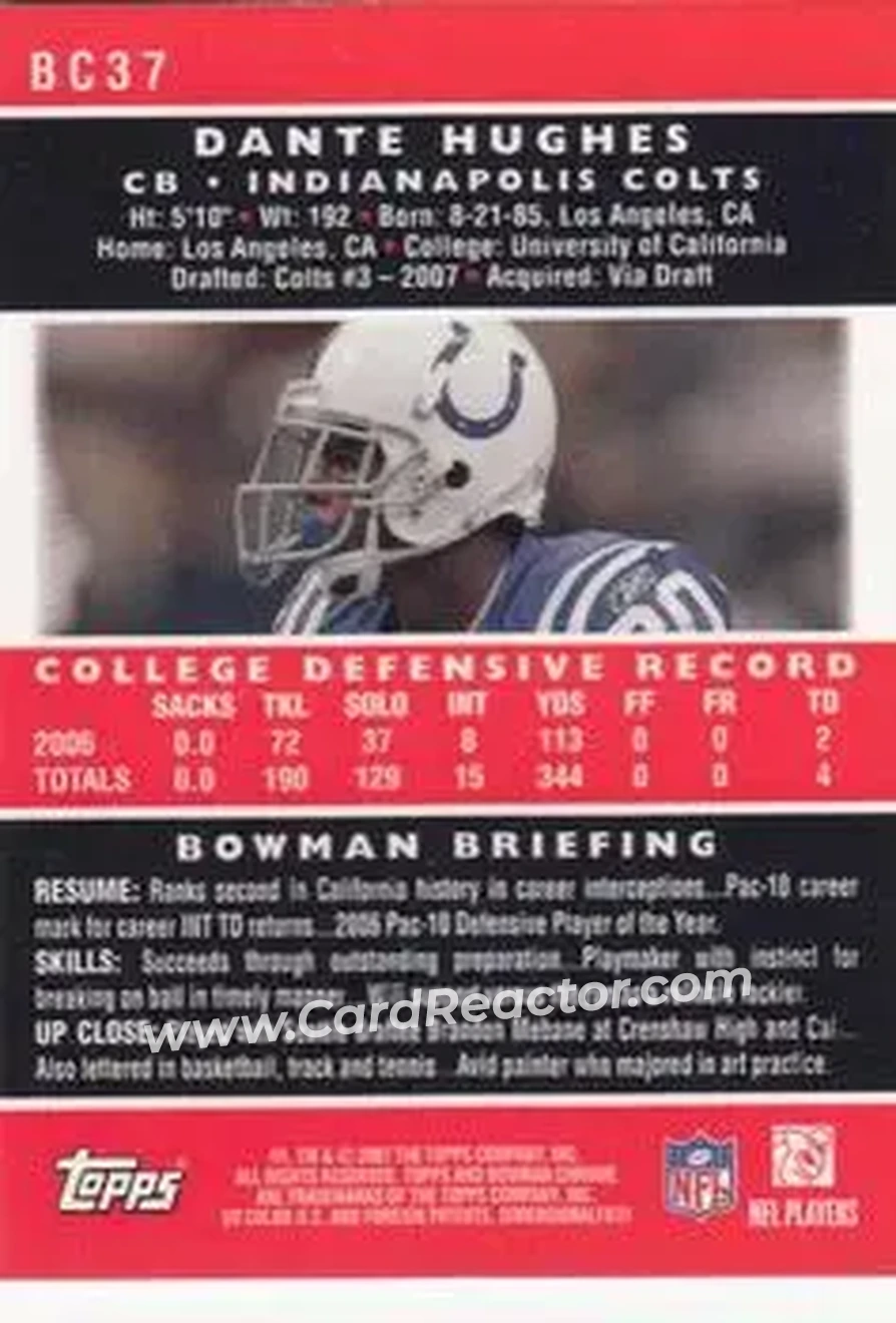 2007 Bowman Chrome #BC37 - Dante Hughes - Indianapolis Colts - Back