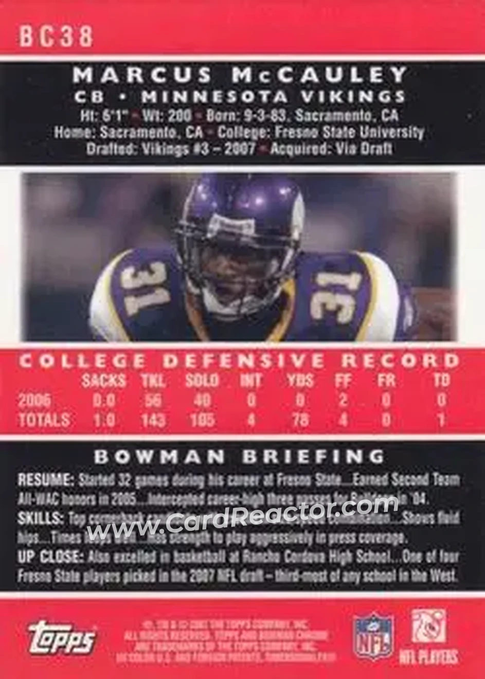 2007 Bowman Chrome #BC38 - Marcus McCauley - Minnesota Vikings - Back