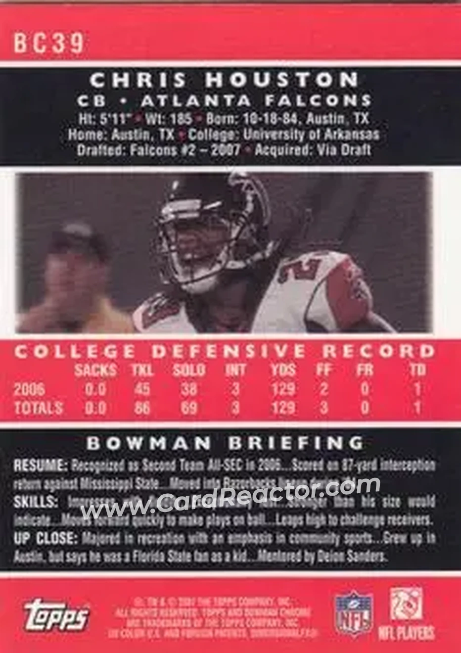 2007 Bowman Chrome #BC39 - Chris Houston - Atlanta Falcons - Back
