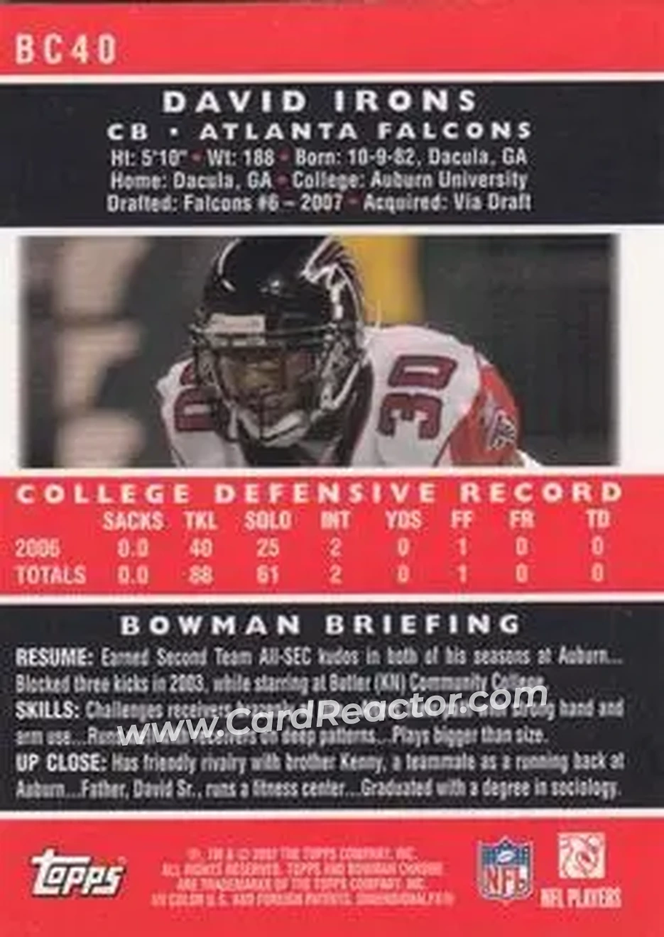 2007 Bowman Chrome #BC40 - David Irons - Atlanta Falcons - Back