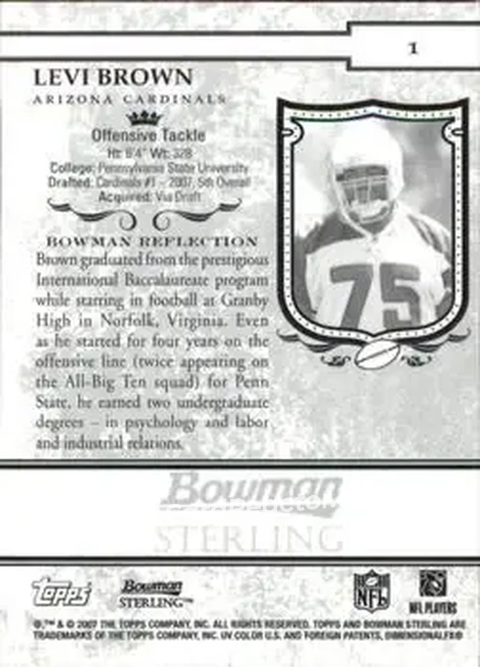 2007 Bowman Sterling #1 - Levi Brown - Arizona Cardinals - Back