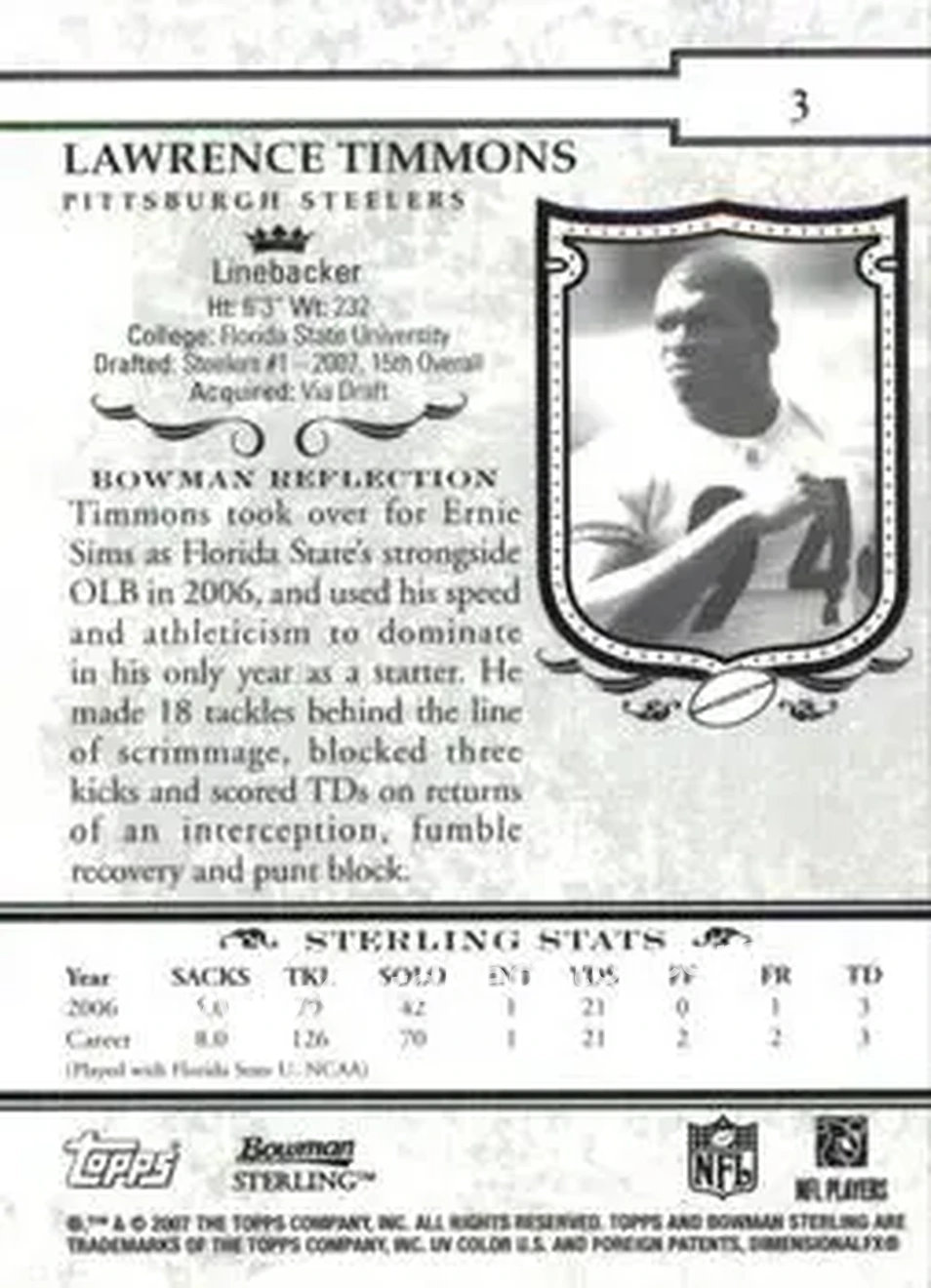 2007 Bowman Sterling #3 - Lawrence Timmons - Pittsburgh Steelers - Back