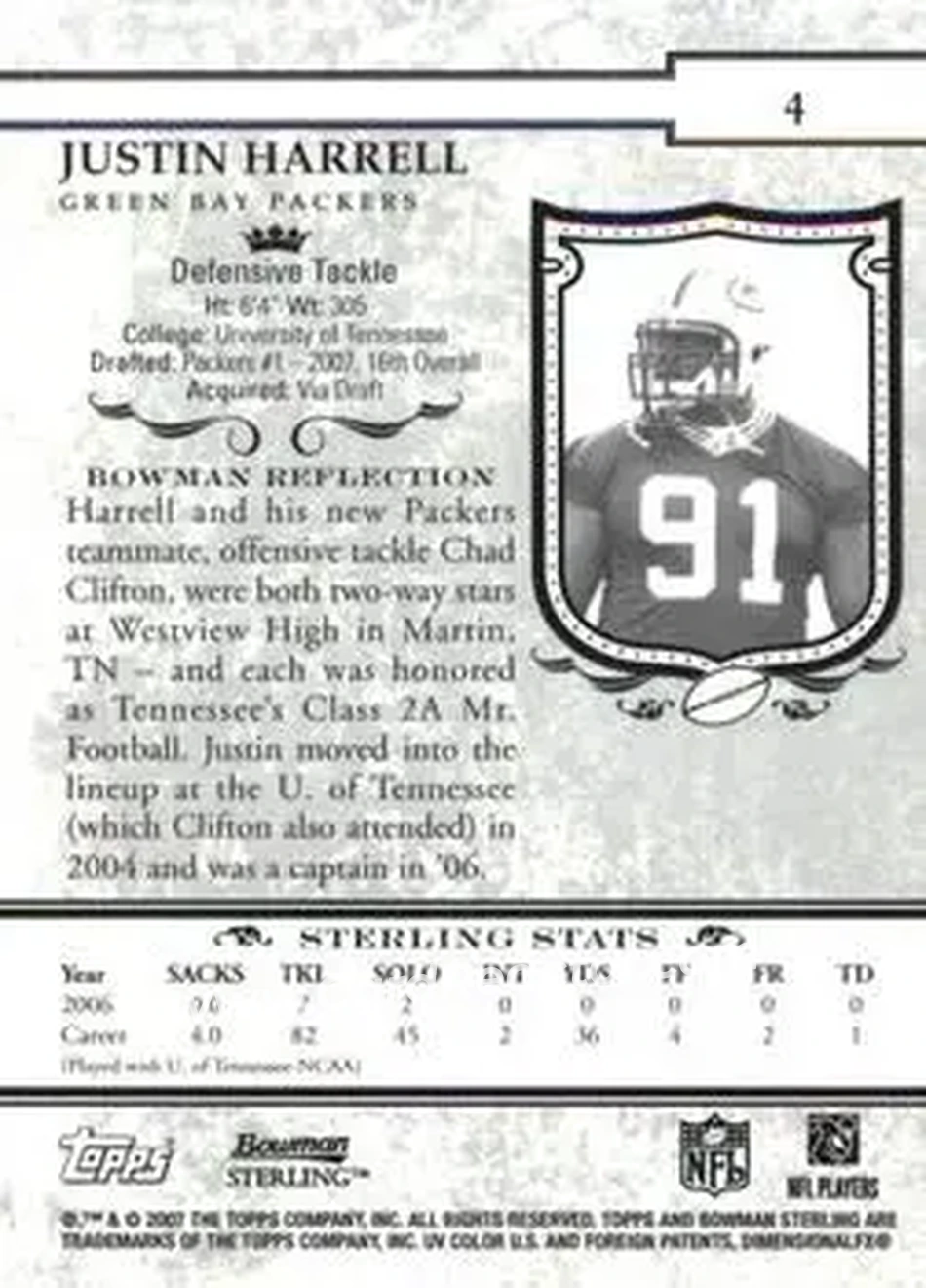 2007 Bowman Sterling #4 - Justin Harrell - Green Bay Packers - Back
