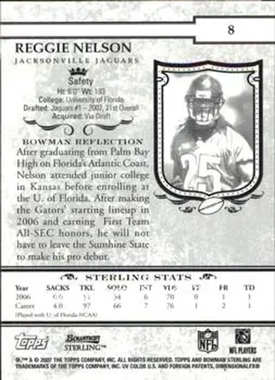 2007 Bowman Sterling #8 - Reggie Nelson - Jacksonville Jaguars - Back
