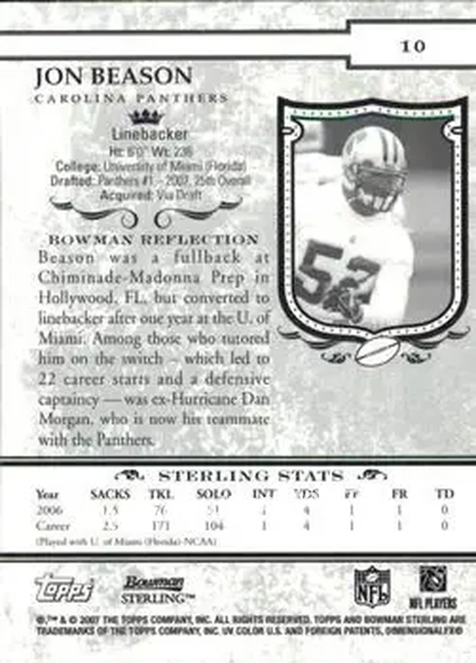 2007 Bowman Sterling #10 - Jon Beason - Carolina Panthers - Back