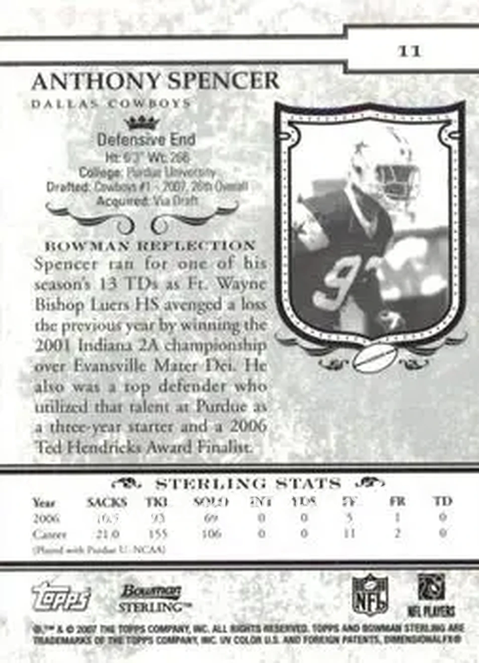 2007 Bowman Sterling #11 - Anthony Spencer - Dallas Cowboys - Back
