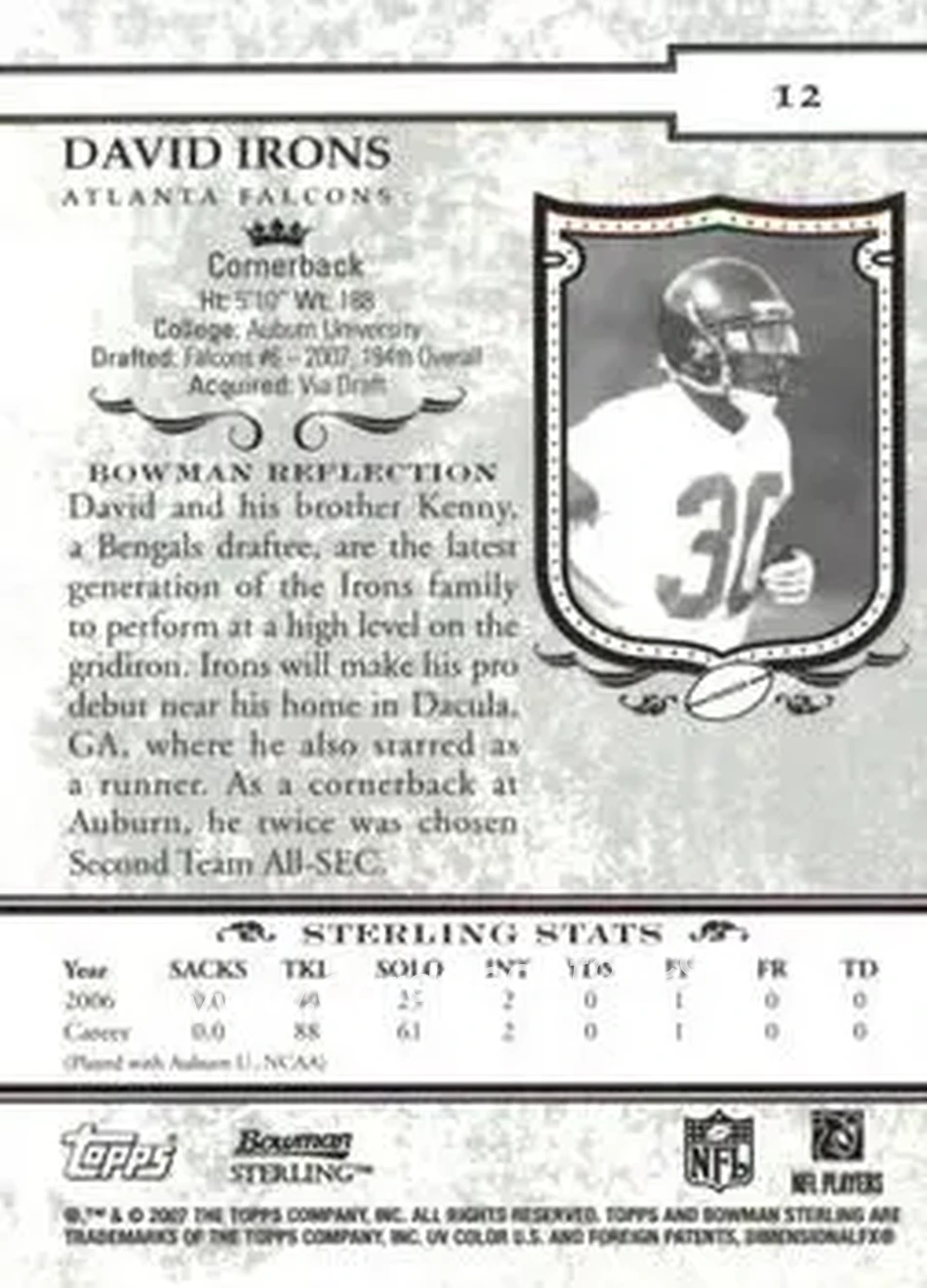 2007 Bowman Sterling #12 - David Irons - Atlanta Falcons - Back