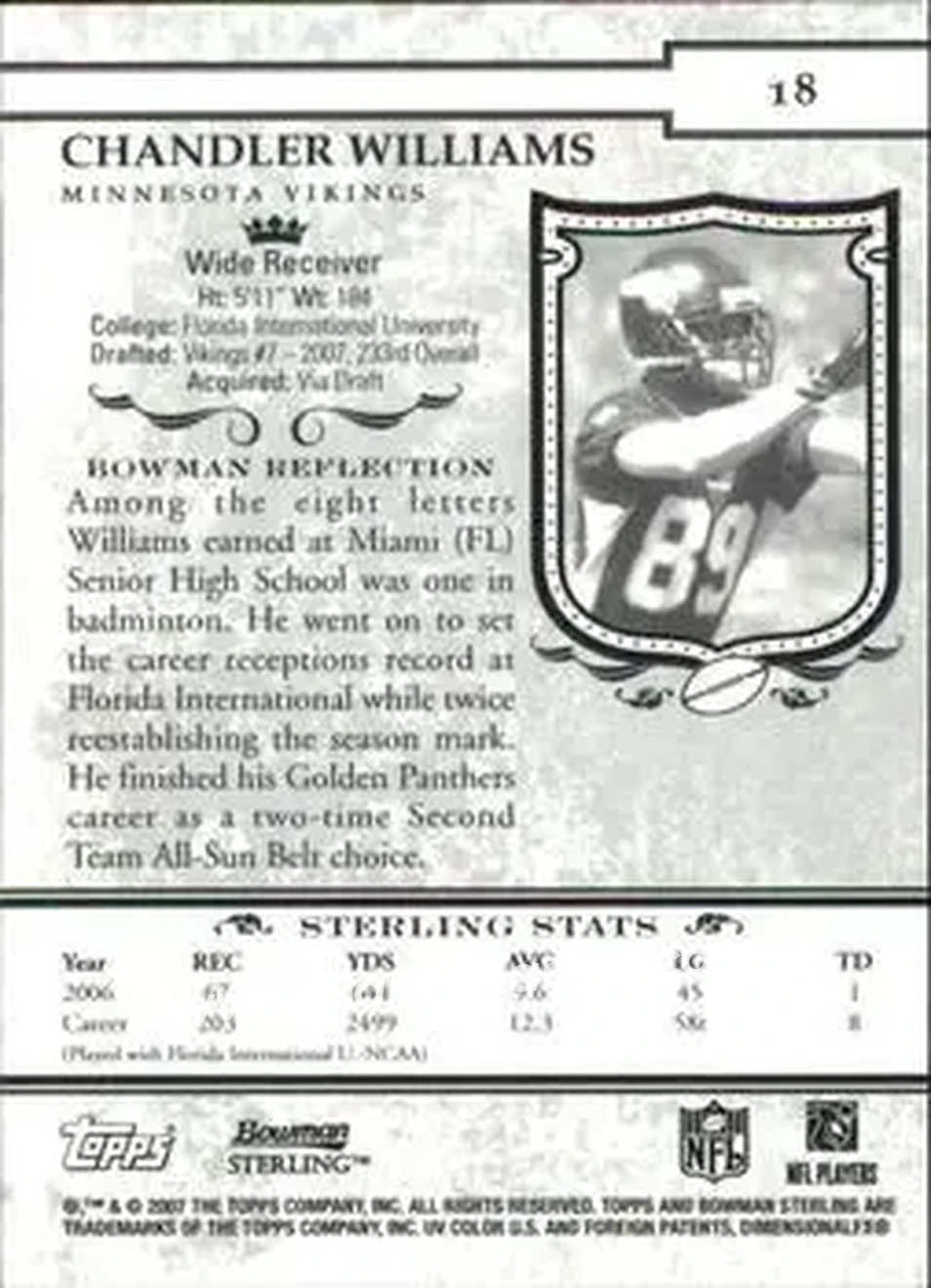 2007 Bowman Sterling #18 - Chandler Williams - Minnesota Vikings - Back