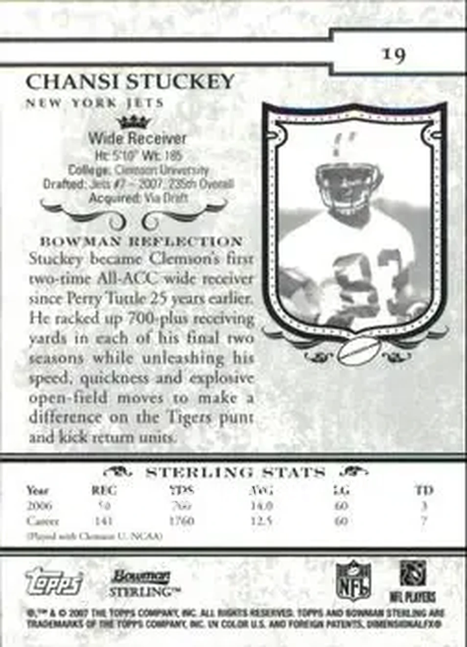 2007 Bowman Sterling #19 - Chansi Stuckey - New York Jets - Back