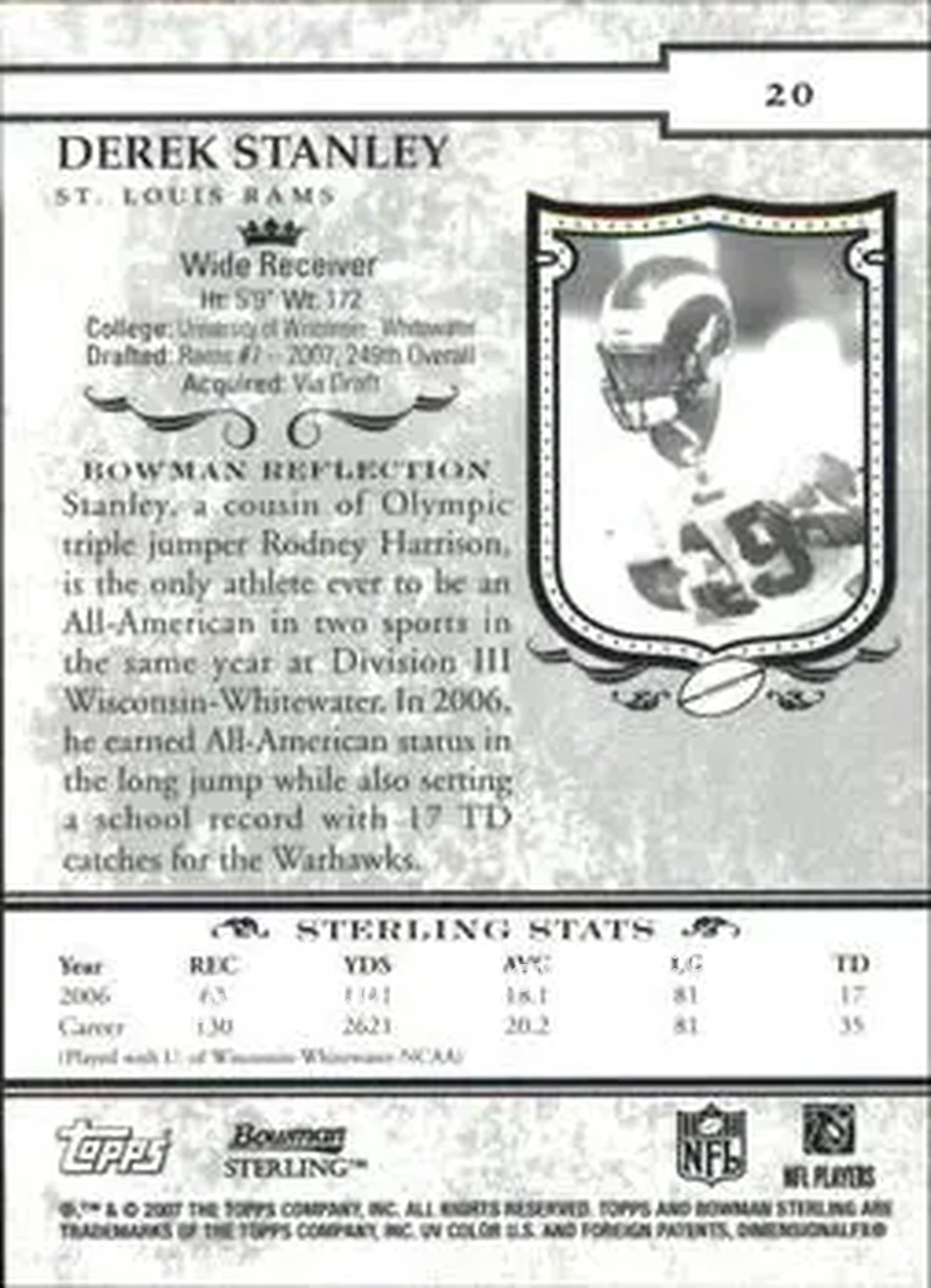 2007 Bowman Sterling #20 - Derek Stanley - St. Louis Rams - Back