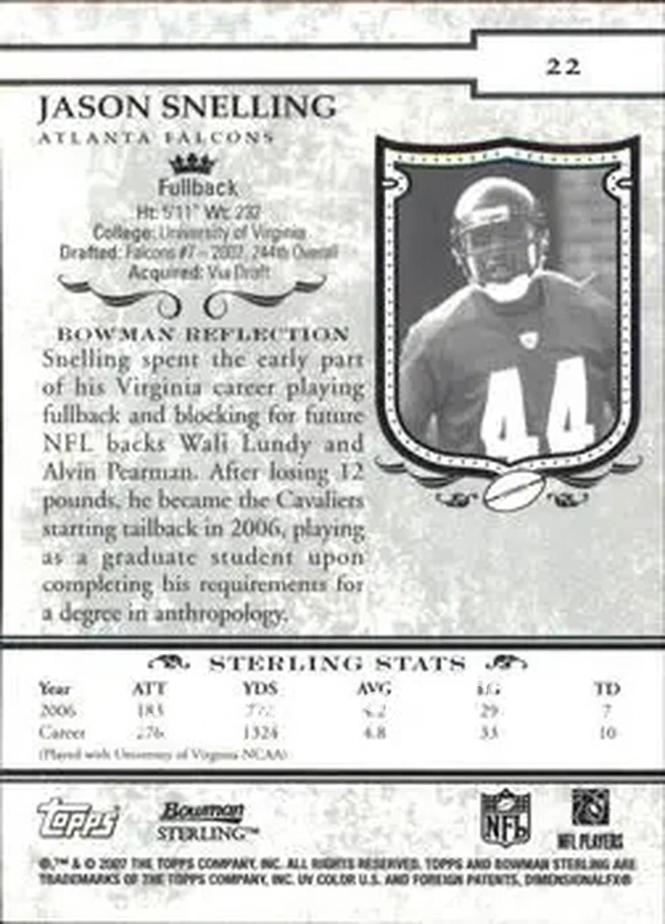 2007 Bowman Sterling #22 - Jason Snelling - Atlanta Falcons - Back