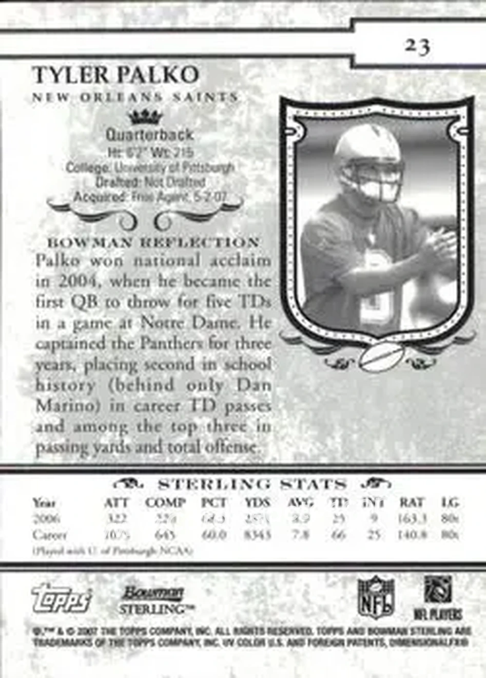2007 Bowman Sterling #23 - Tyler Palko - New Orleans Saints - Back