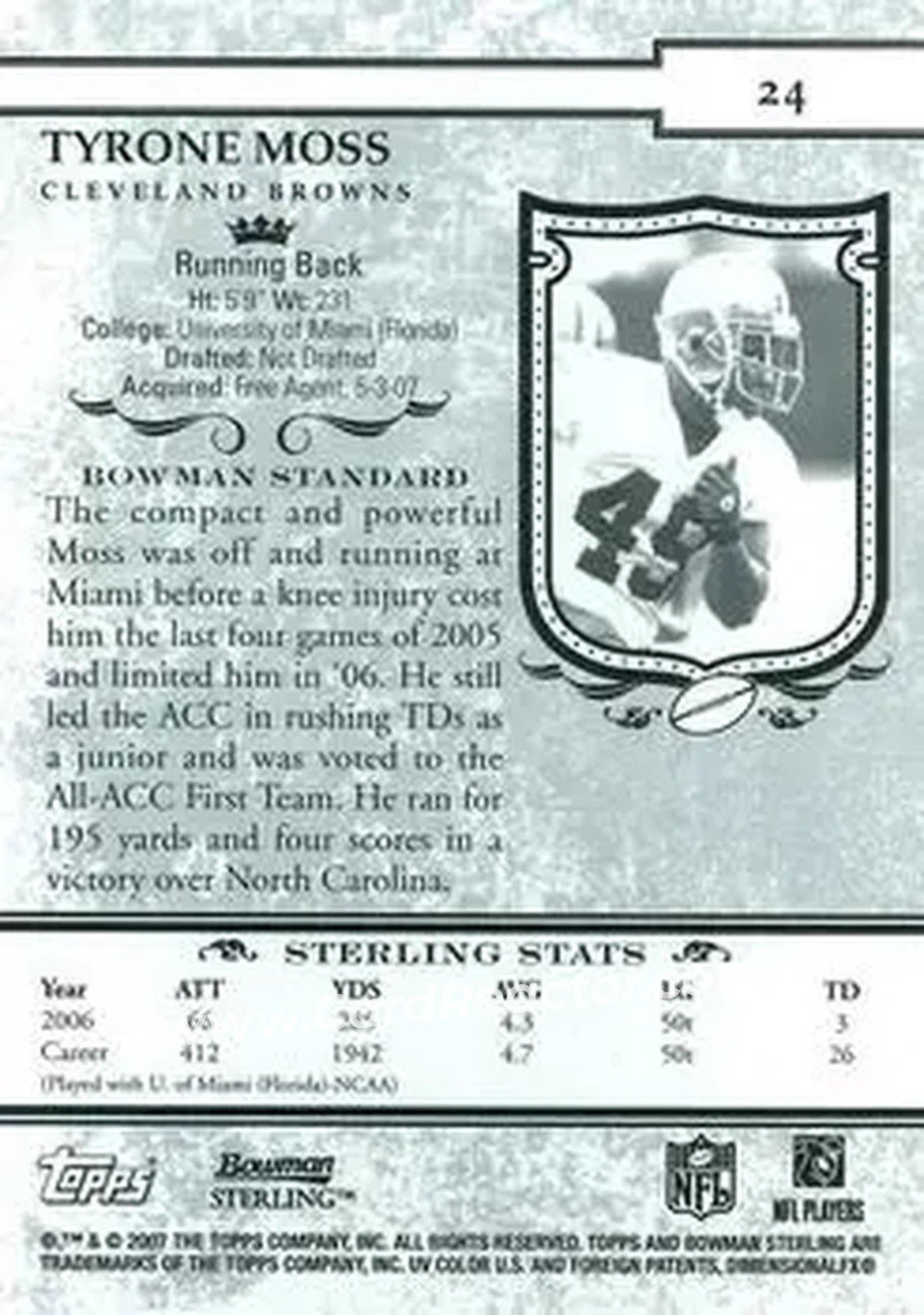 2007 Bowman Sterling #24 - Tyrone Moss - Cleveland Browns - Back