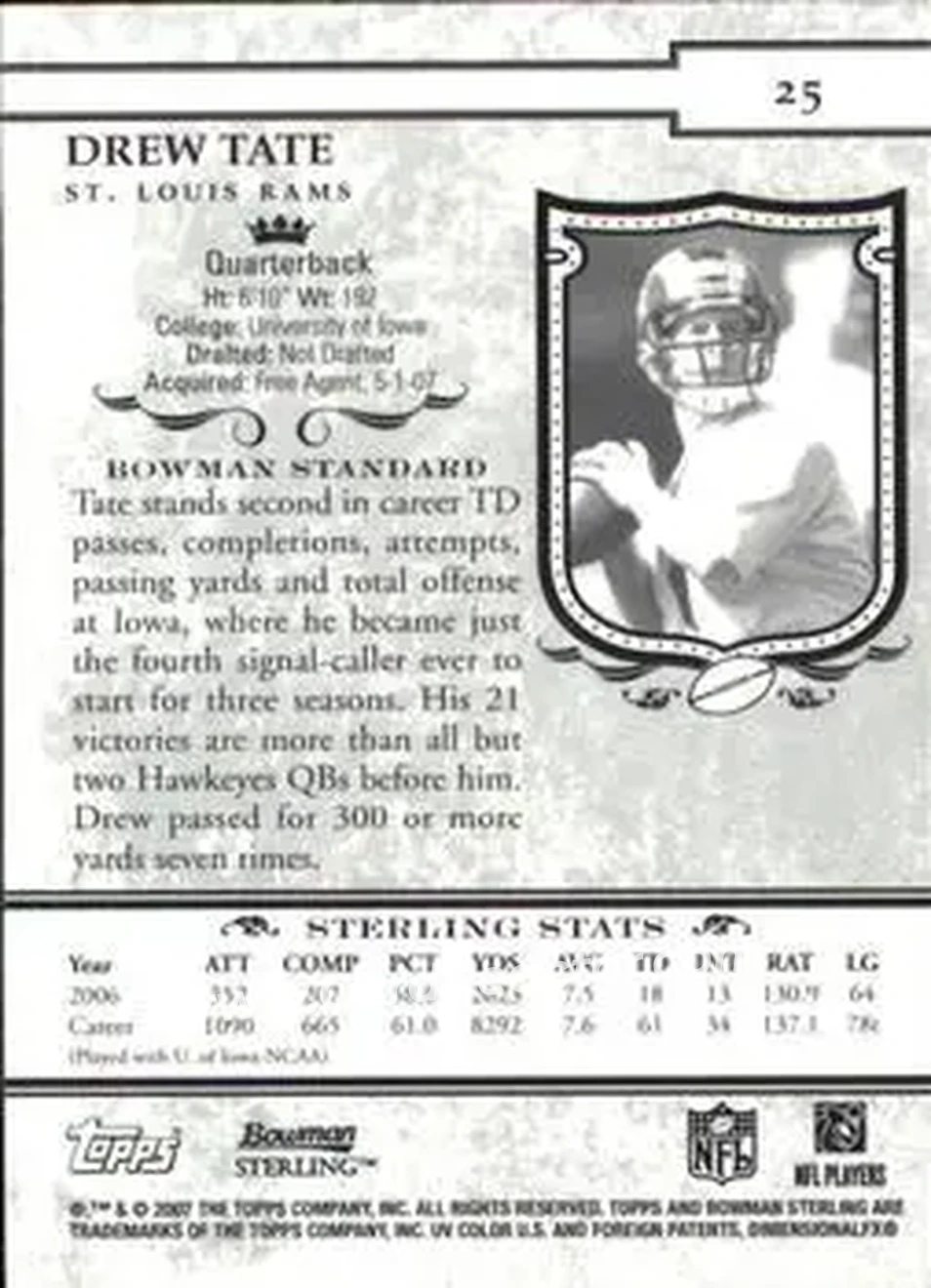 2007 Bowman Sterling #25 - Drew Tate - St. Louis Rams - Back