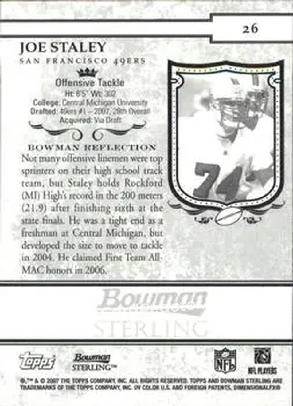 2007 Bowman Sterling #26 - Joe Staley - San Francisco 49ers - Back
