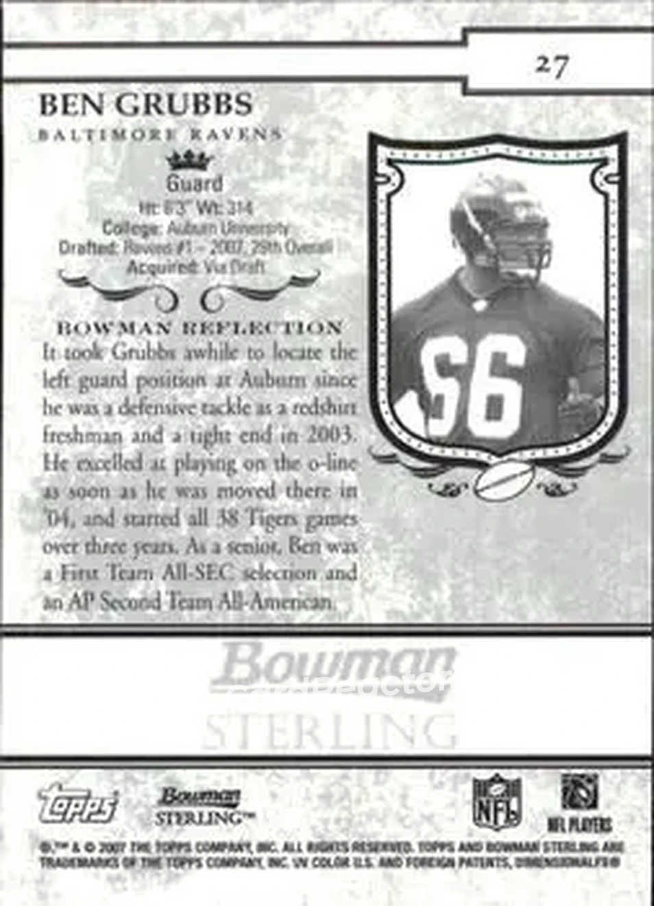 2007 Bowman Sterling #27 - Ben Grubbs - Baltimore Ravens - Back