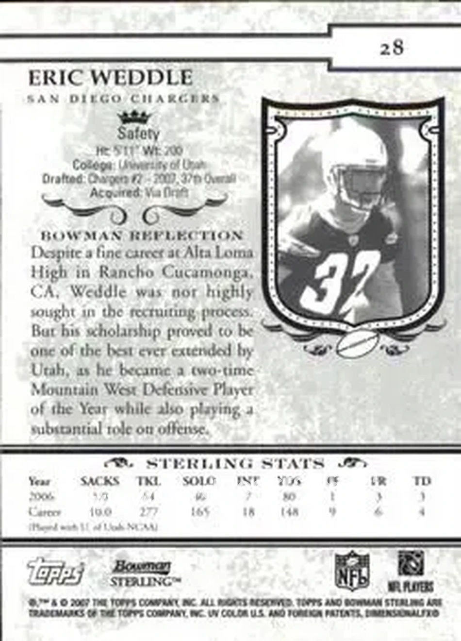 2007 Bowman Sterling #28 - Eric Weddle - San Diego Chargers - Back