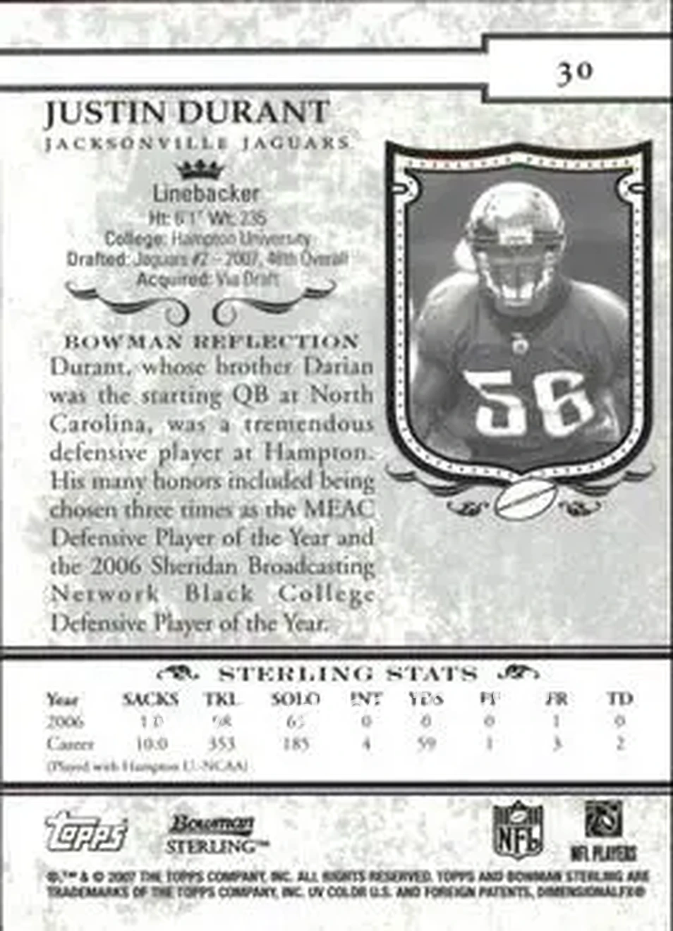 2007 Bowman Sterling #30 - Justin Durant - Jacksonville Jaguars - Back