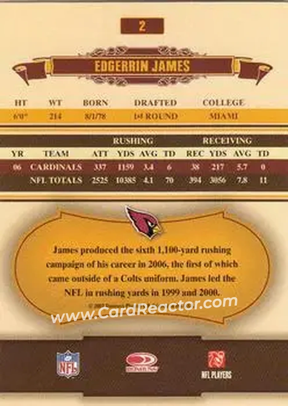 2007 Donruss Classics #2 - Edgerrin James - Arizona Cardinals - Back