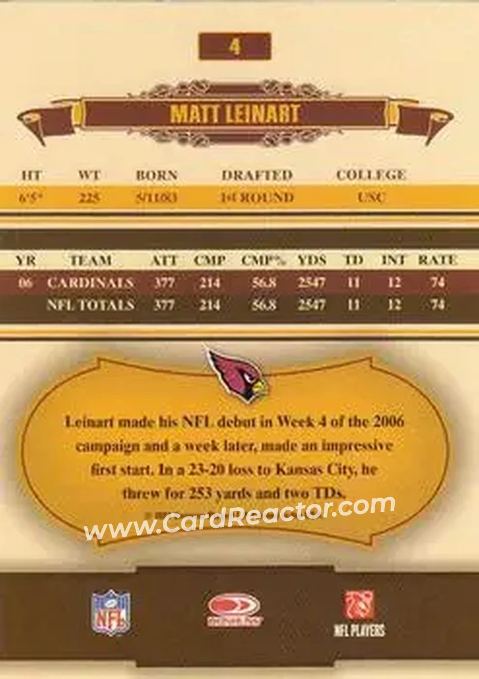 2007 Donruss Classics #4 - Matt Leinart - Arizona Cardinals - Back