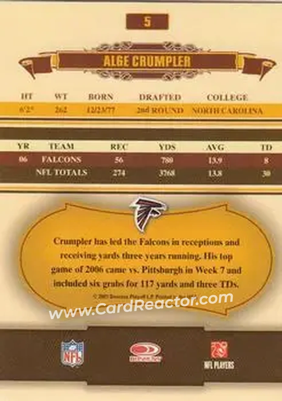 2007 Donruss Classics #5 - Alge Crumpler - Atlanta Falcons - Back
