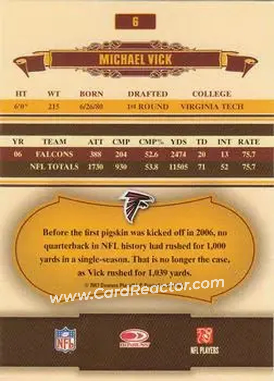 2007 Donruss Classics #6 - Michael Vick - Atlanta Falcons - Back
