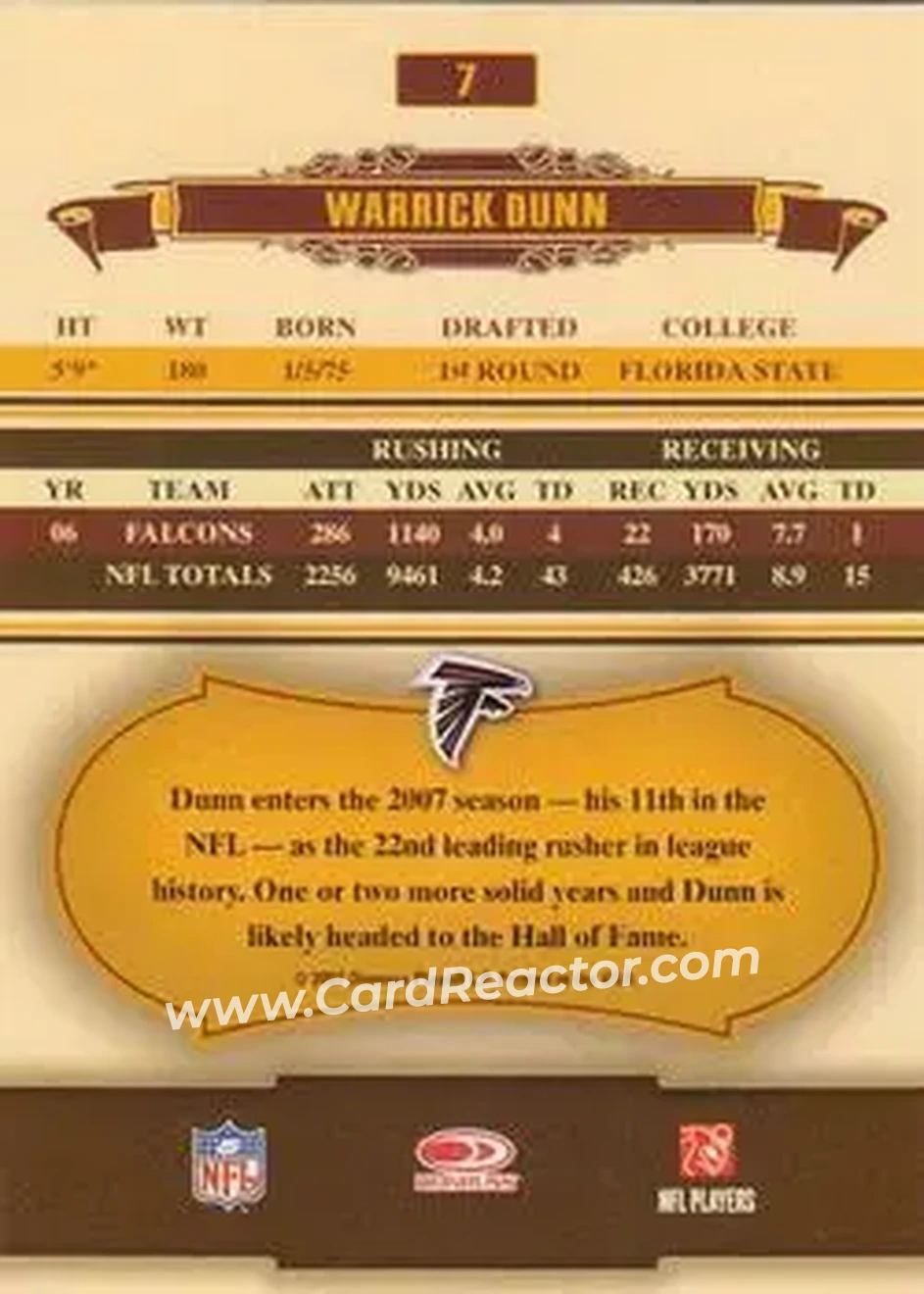 2007 Donruss Classics #7 - Warrick Dunn - Atlanta Falcons - Back
