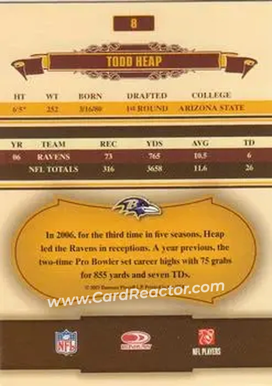 2007 Donruss Classics #8 - Todd Heap - Baltimore Ravens - Back