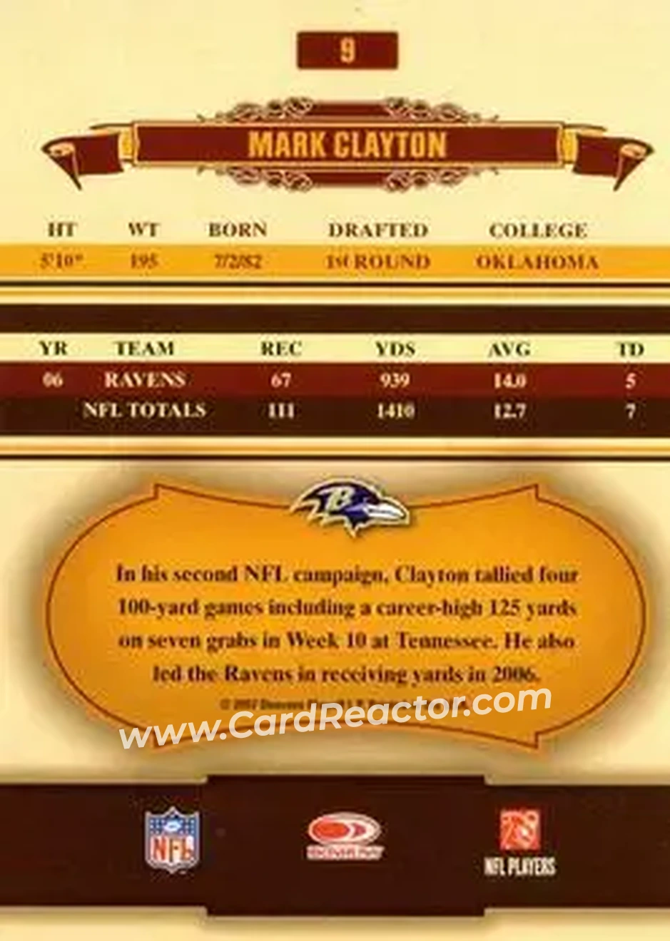 2007 Donruss Classics #9 - Mark Clayton - Baltimore Ravens - Back
