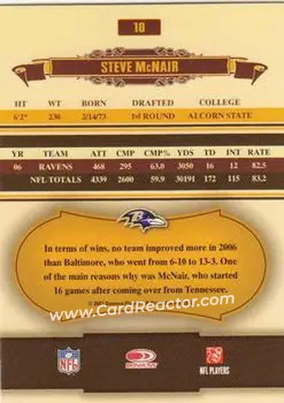 2007 Donruss Classics #10 - Steve McNair - Baltimore Ravens - Back