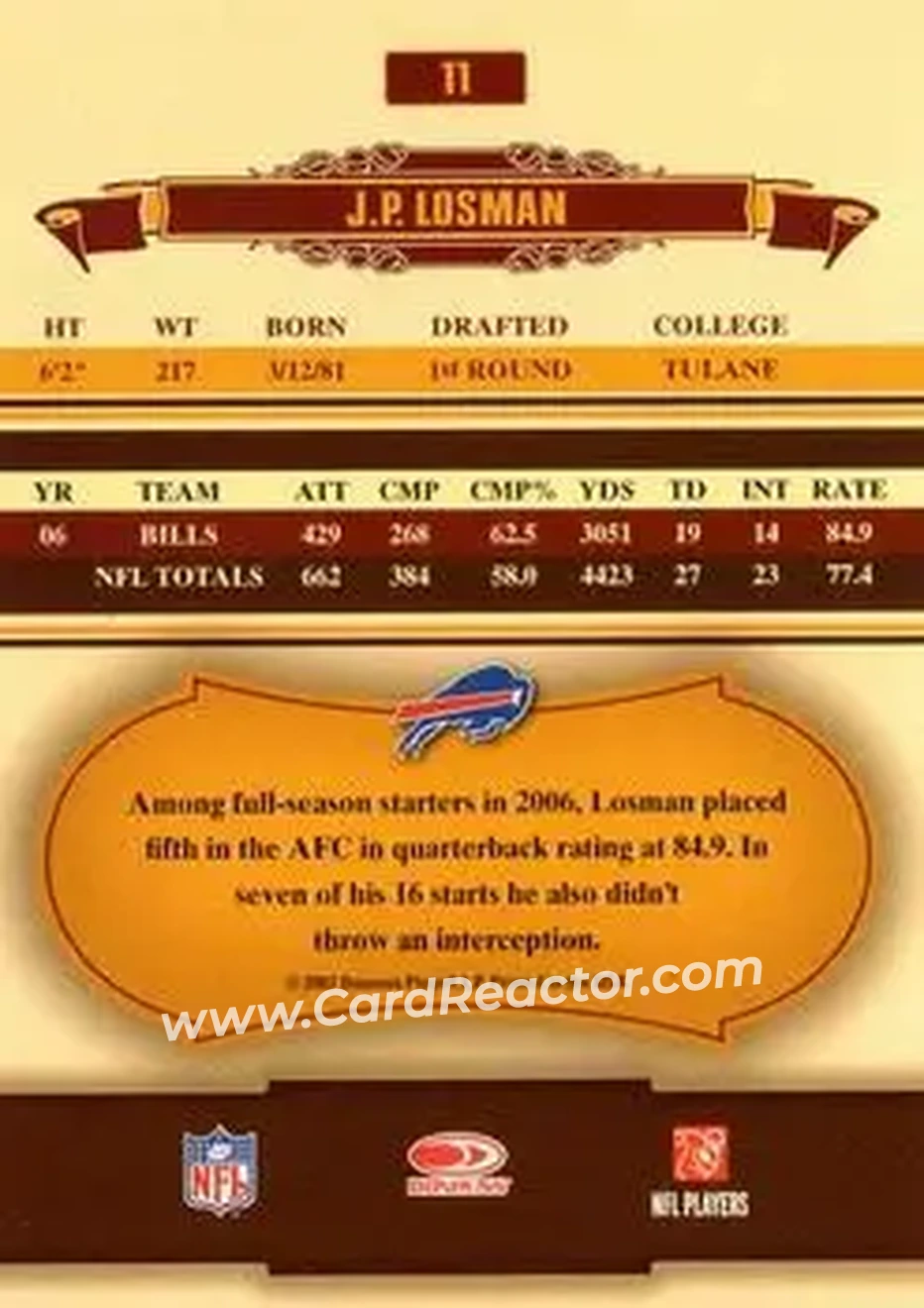 2007 Donruss Classics #11 - J.P. Losman - Buffalo Bills - Back