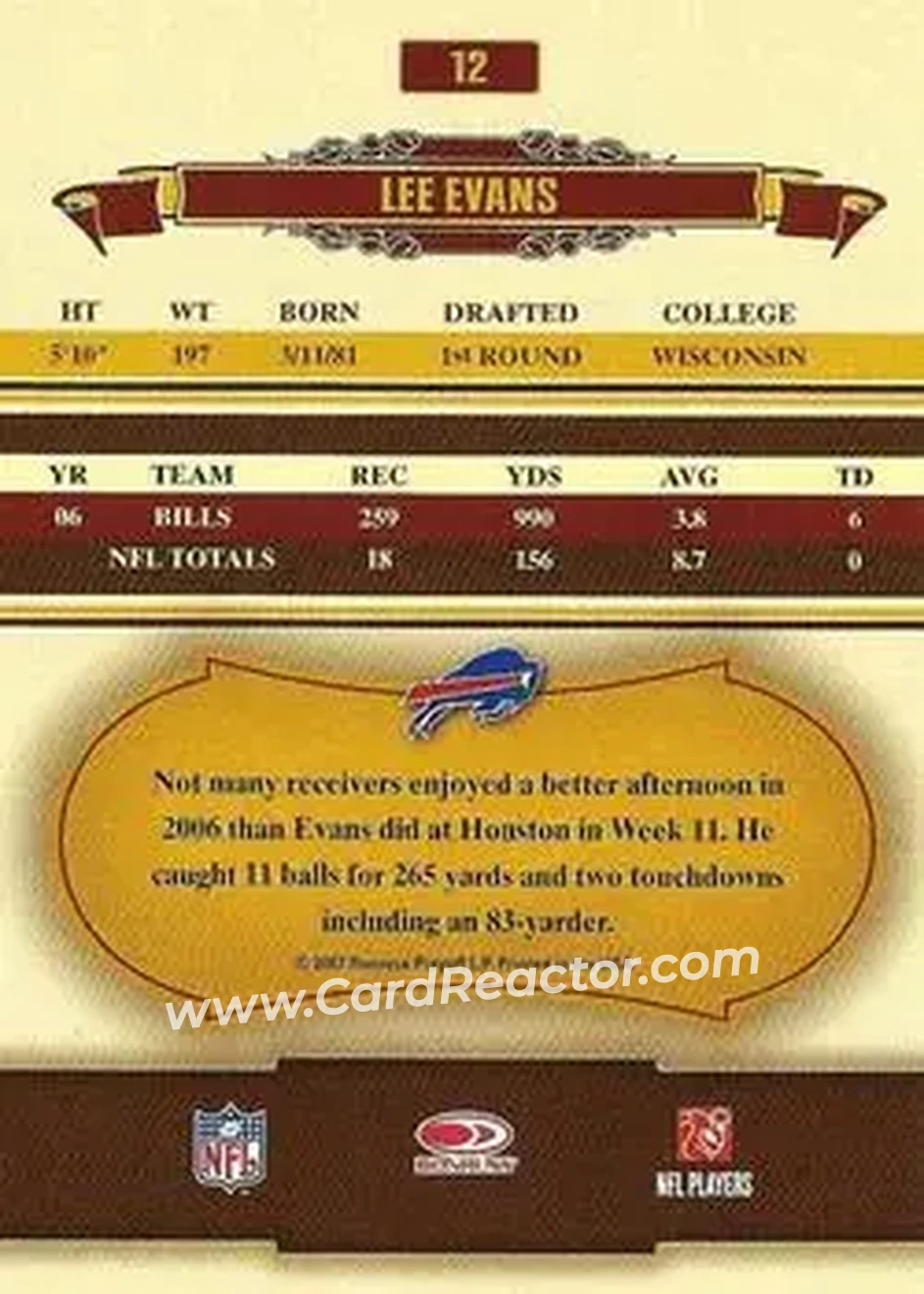 2007 Donruss Classics #12 - Lee Evans - Buffalo Bills - Back