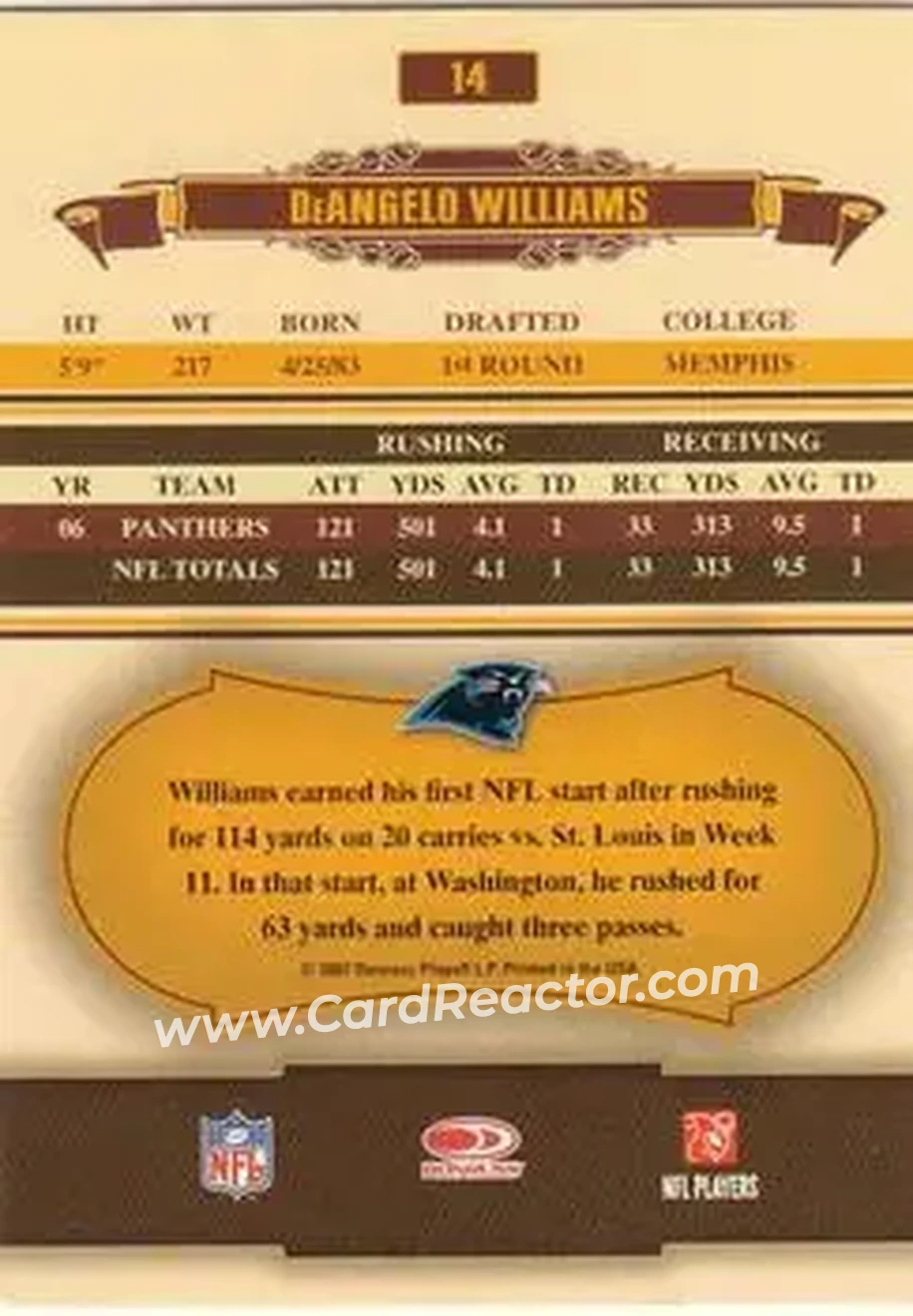 2007 Donruss Classics #14 - DeAngelo Williams - Carolina Panthers - Back