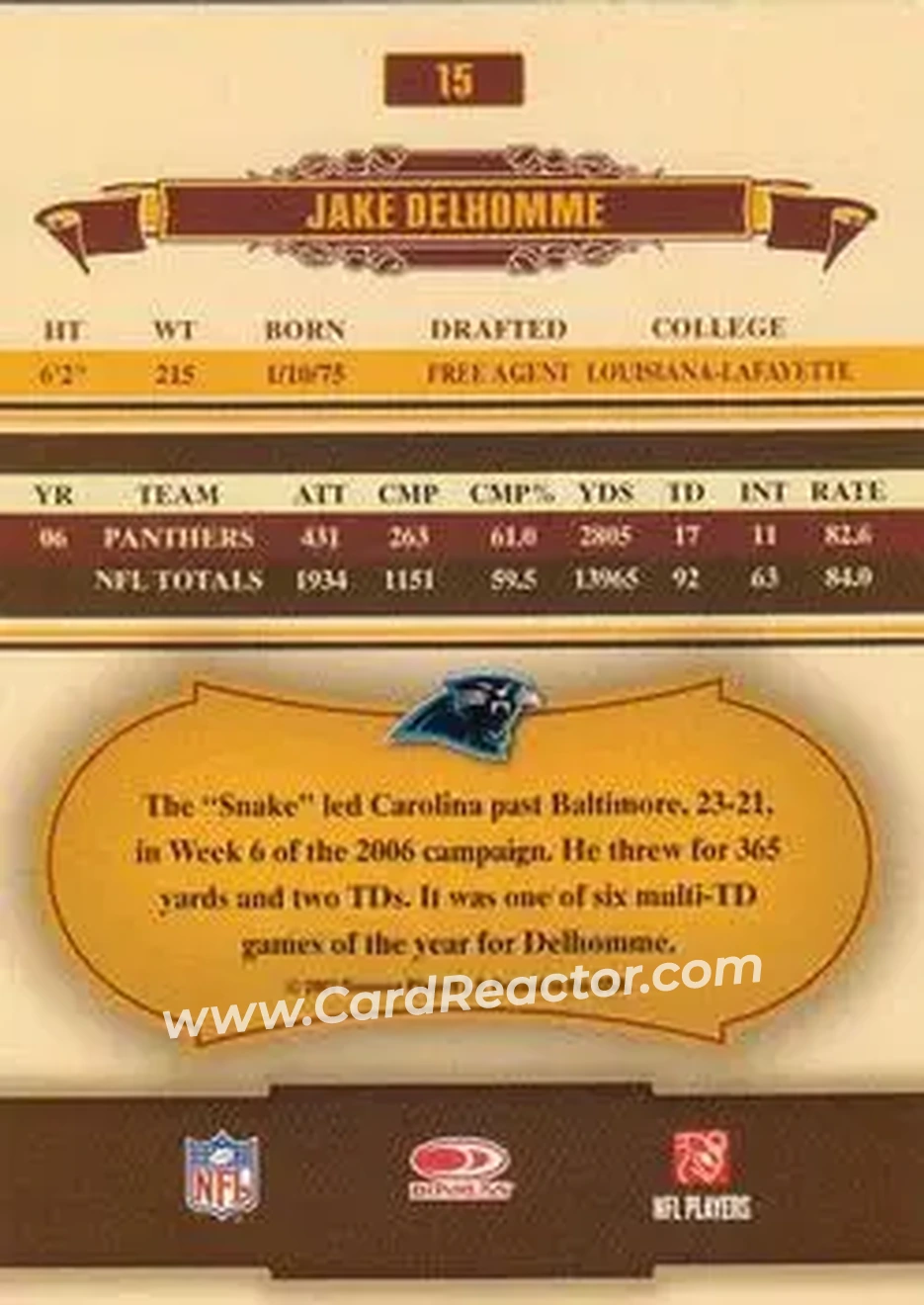 2007 Donruss Classics #15 - Jake Delhomme - Carolina Panthers - Back