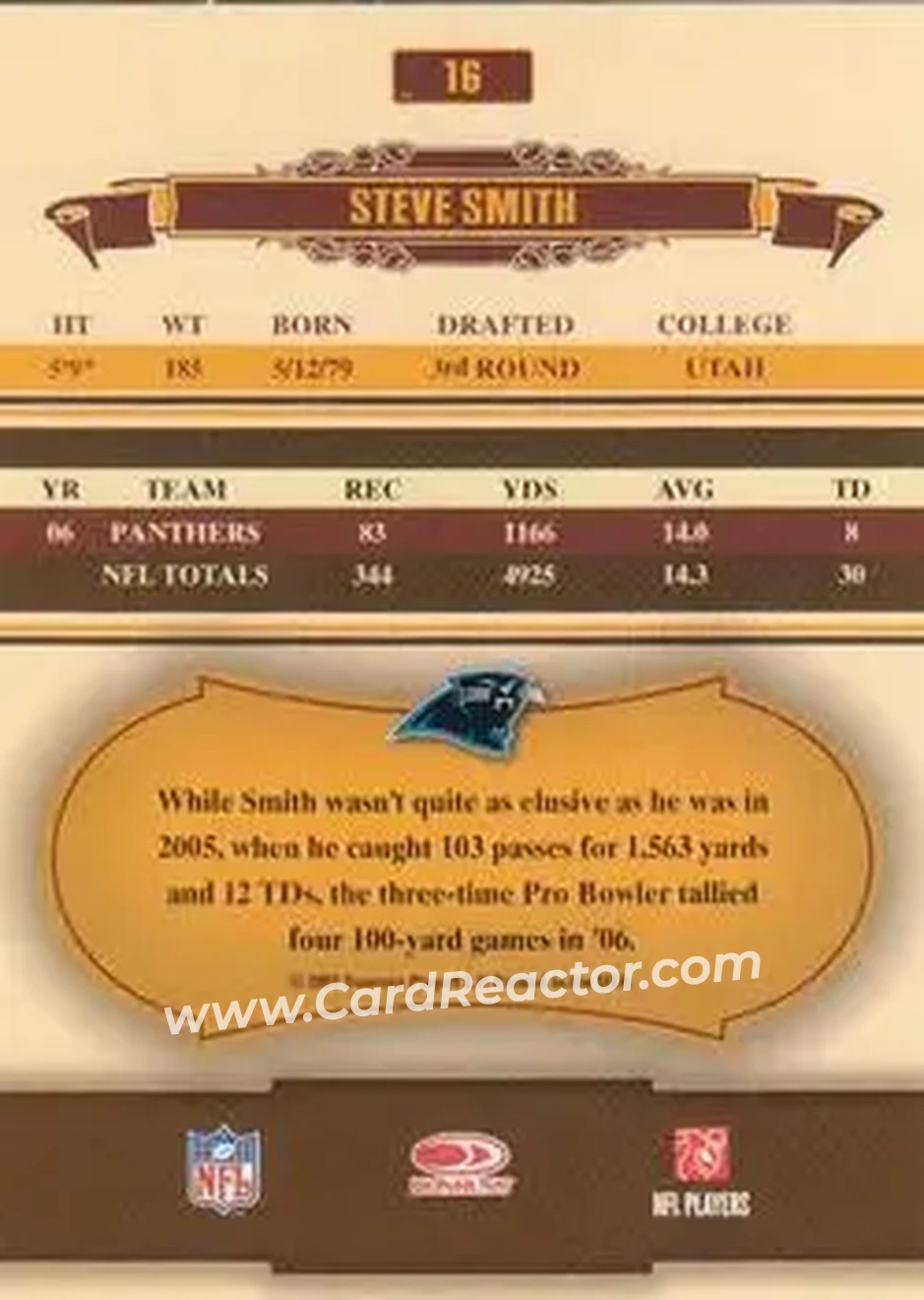 2007 Donruss Classics #16 - Steve Smith Sr. - Carolina Panthers - Back